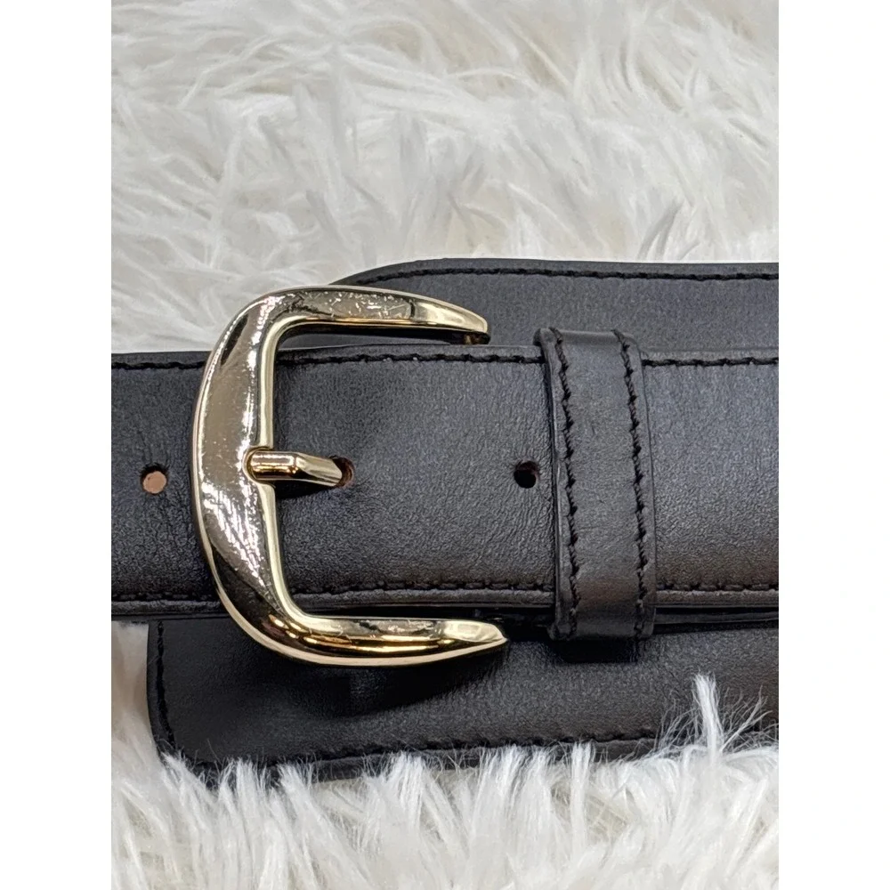 Ann Taylor Black‎ Leather Wide Waist Belt Gold Buckle Size Small